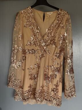 Embroidered Sequin Beige Romper with Sheer Sleeves